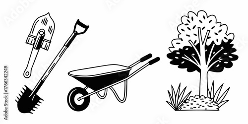 Illustration of gardening tools including a shovel, rake, wheelbarrow and a tree with grass around it