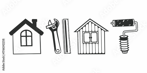 Illustration of two houses, a wrench, a saw and a paint roller in black and white outline style