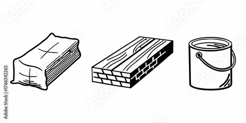 Illustration of a stack of shingles, a piece of lumber, and a paint can on a white background