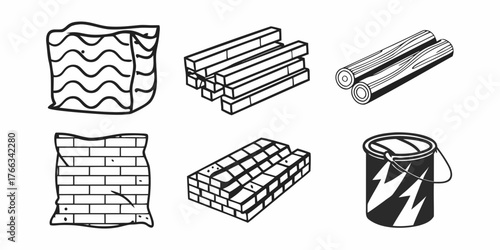 Illustration of construction materials including lumber, bricks, and a paint can in black and white