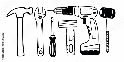 Illustration of various hand tools including a hammer wrench screwdriver and power drill in black and white