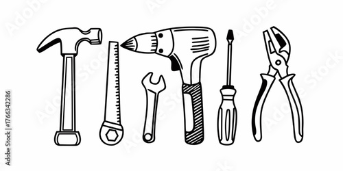 Illustration of various hand tools including a hammer saw drill wrench screwdriver and pliers drawn in black