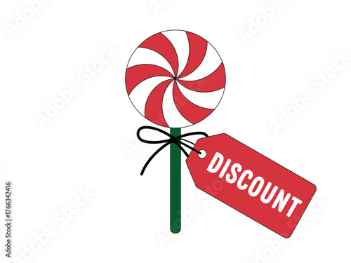 A red and white swirled lollipop has a red discount tag tied to its green stick.