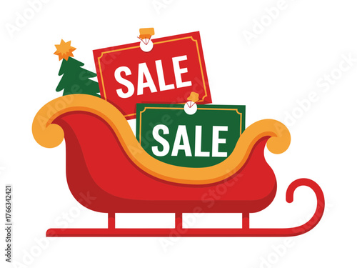 A festive sleigh carries signs advertising holiday sales, signaling the Christmas shopping season.