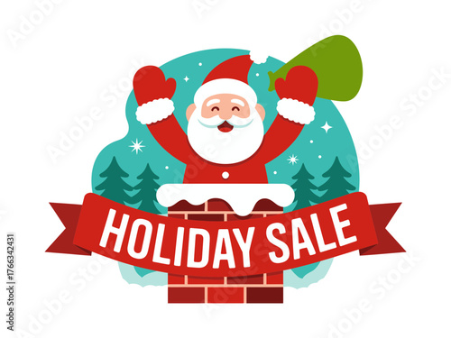 Santa Claus emerges from a chimney with a sack of gifts, promoting a holiday sale.