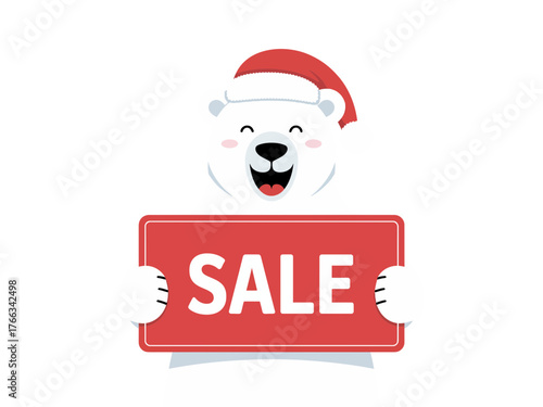 Happy polar bear wearing a Santa hat holds a red sign that says SALE