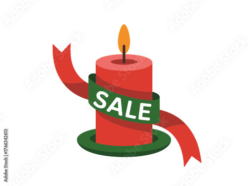 A red candle with a ribbon displaying the word "SALE" is lit.