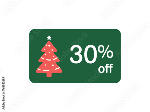 A festive 30% off discount tag featuring a Christmas tree symbol.
