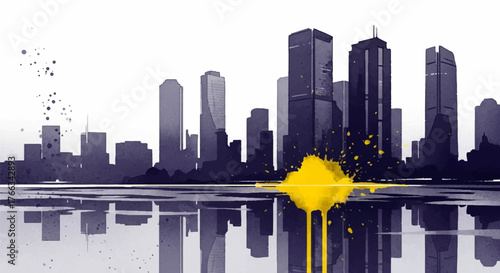 Modern watercolor illustration of an abstract city skyline with a vibrant yellow paint splash and reflection