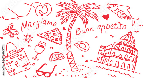 Whimsical hand drawn italian vacation collage featuring food palm tree and famous landmarks