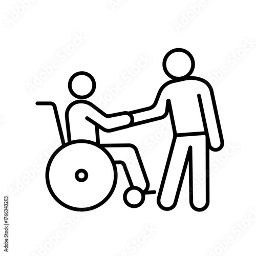 A vector icon of a person helping another in a wheelchair, representing support for people with disabilities, created in line style with editable stroke