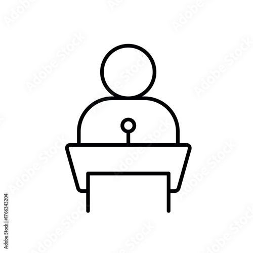 A vector icon of a person at a podium with audience, representing fair representation and diverse voices, created in line style with editable stroke
