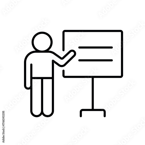A vector icon of a person giving a presentation, representing training in diversity, equity, and inclusion, created in line style with editable stroke