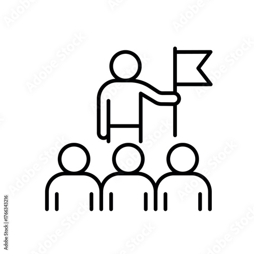 A vector icon of a person holding a flag among teammates, representing collaboration and team encouragement, created in line style with editable stroke