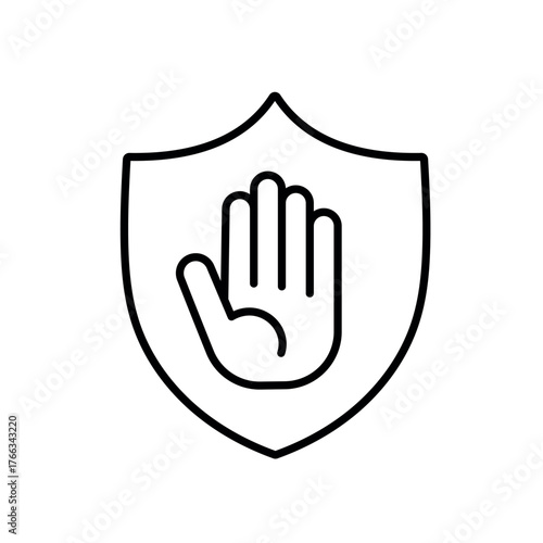 A vector icon of a protective shield with a raised hand, representing a commitment to preventing harassment, created in line style with editable stroke