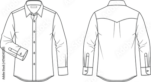 Men's Long Sleeve Western Dress Shirt Technical Drawing, Pearl Snap Button-Up Sketch Vector, Front and Back View with Yoke, Cowboy Apparel Template