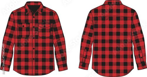 Men's Red and Black Buffalo Plaid Flannel Shirt Technical Drawing, Long Sleeve Lumberjack Button-Up Vector Sketch, Front and Back Views