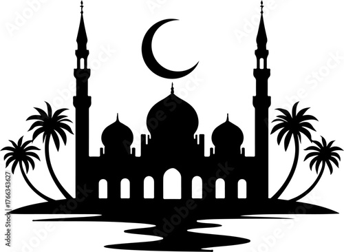 silhouette of mosque in the night, mosque, architecture, religion, building, silhouette, travel, vector, church, minaret, dome, city, illustration, kazan, russia, india, arab, art, landmark, taj, tour