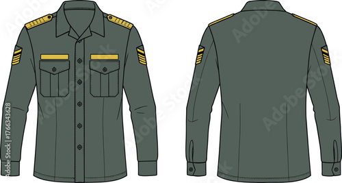 Military style long sleeve uniform shirt front and back view, dark green, rank insignia, epaulets, chest pockets, fashion flat sketch illustration