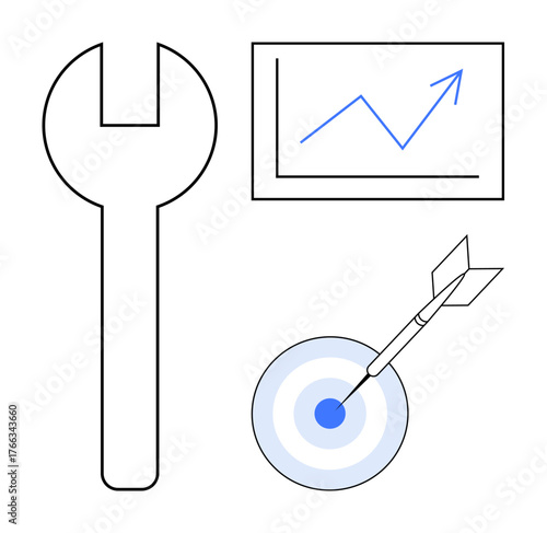 Growth chart with rising arrow, dart hitting bullseye on a target, and wrench symbolizing goals, strategy, and tools. Ideal for business, analytics, marketing, productivity solutions improvement