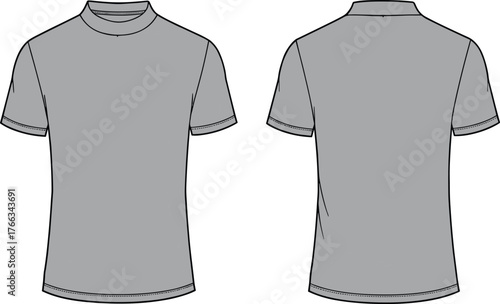 Plain gray short sleeve t shirt front and back view, crew neck, fashion flat sketch, apparel design template, clothing illustration, garment mockup
