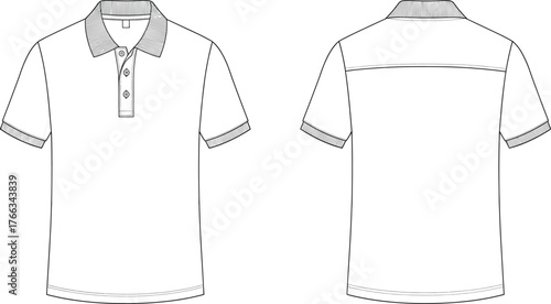 Polo t-shirt front and back view, blank short sleeve shirt mockup with collar, fashion apparel design template for branding