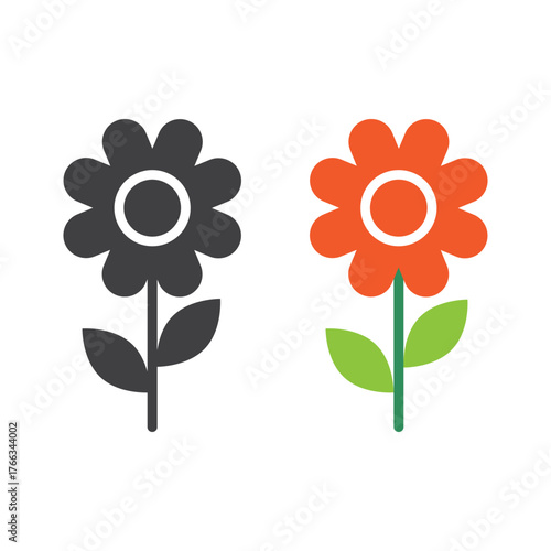 Beautiful cute flower icon set with leaves red and black color