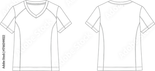 Short sleeve athletic v neck shirt front and back view, raglan sleeves, curved seam lines, sportswear fashion flat sketch, apparel design template illustration