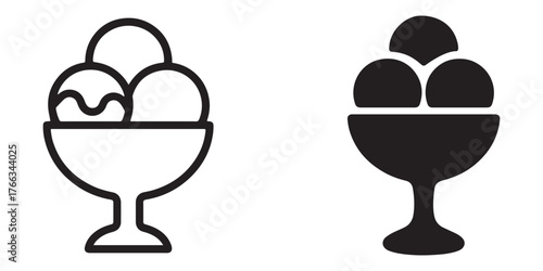 Two icons of an ice cream sundae dish with three scoops