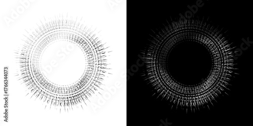 Dynamic abstract spiral sound wave rhythm lines. Circular spiral sound wave rhythm of lines. Circular futuristic abstract lines, black and white background.	
