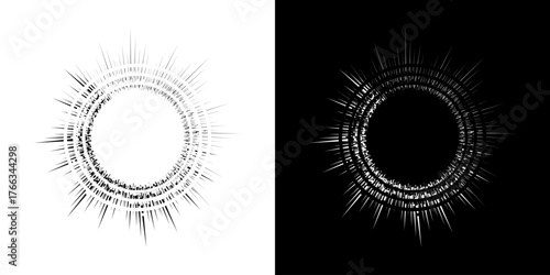 Dynamic abstract spiral sound wave rhythm lines. Circular spiral sound wave rhythm of lines. Circular futuristic abstract lines, black and white background.	
