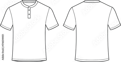 Technical Fashion Flat Sketch Drawing of Classic Short Sleeve Henley T-Shirt with Collarless Band, Two Button Placket, Front and Back CAD Vector