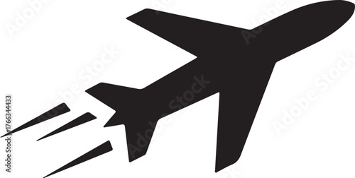 Simple black silhouette of a modern commercial airplane with wings and fuselage clearly defined against a white background representing travel and aviation.