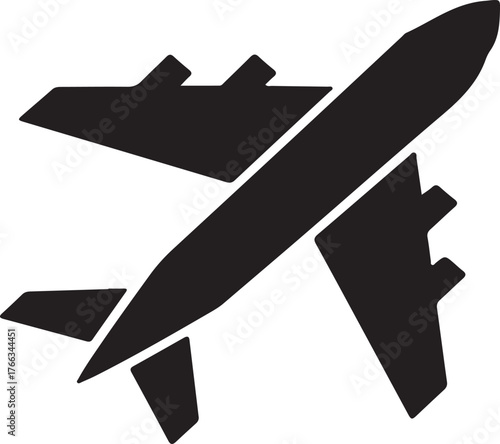 Simple black silhouette of a modern commercial airplane with wings and fuselage clearly defined against a white background representing travel and aviation.