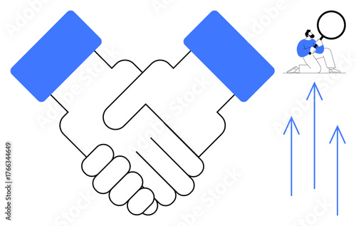 Two hands shaking symbolizing collaboration, blue arrows representing growth, and a person analyzing data. Ideal for teamwork, business relations, success, strategy, progress, cooperation simple