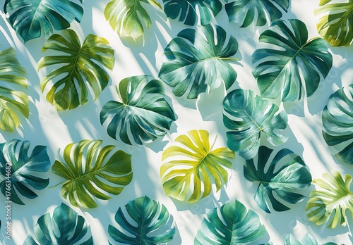 Monstera leaf pattern, sunny shadows, white surface texture