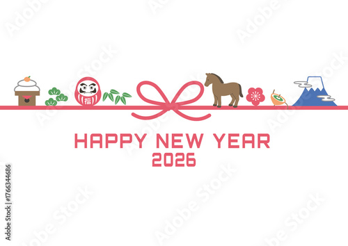 年賀状2026 　水引きとウマと縁起物のシンプルなイラスト　水引き　午年　素材,富士山,ダルマ,鏡餅,松竹梅,テンプレート