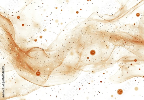 Abstract gold swirls, dots, and particles on white backdrop