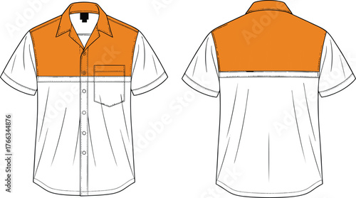Technical Fashion Flat Sketch Drawing of Short Sleeve Camp Shirt with Contrast Color Block Yoke, Front Pocket, and Button Placket, CAD Vector
