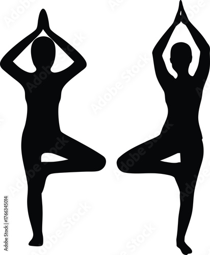 Two women doing yoga poses, silhouette style, minimalist black and white design
