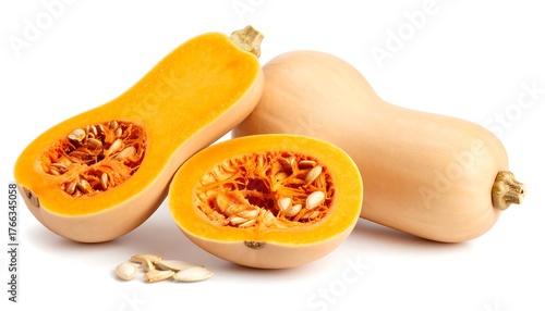 Butternut squash with cut open, showing seeds, and isolated on white background Healthy food.