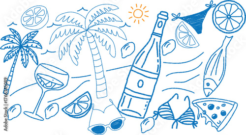 “Tropical Beach Vacation Doodle Set – Hand-Drawn Summer Icons with Palm Trees, Citrus, Wine, Bikini, Pizza & Sunglasses”