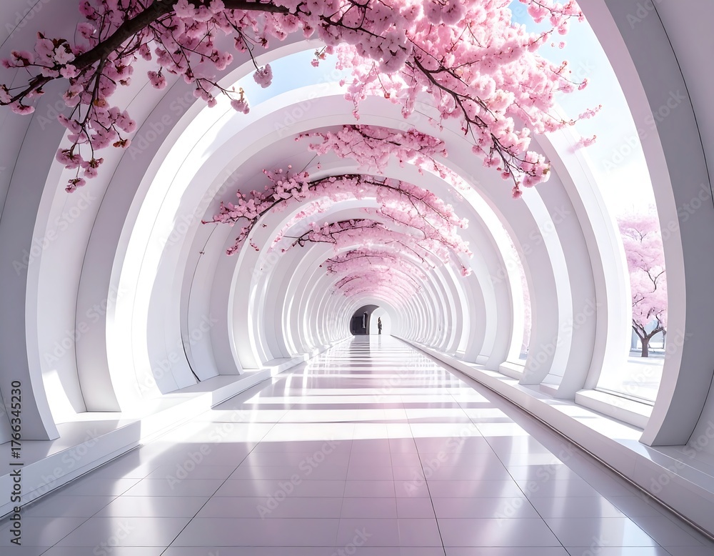 Fototapeta premium Architectural hallway leading towards light, framed by blossoming cherry trees