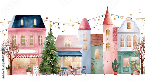 Colorful winter village scene with charming houses, a Christmas tree, and festive lights against a transparent background