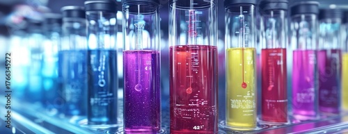 Array of colorful liquids in lab test tubes