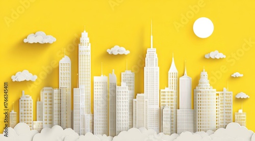 City skyline made of paper, yellow background.  White buildings, clouds, sun