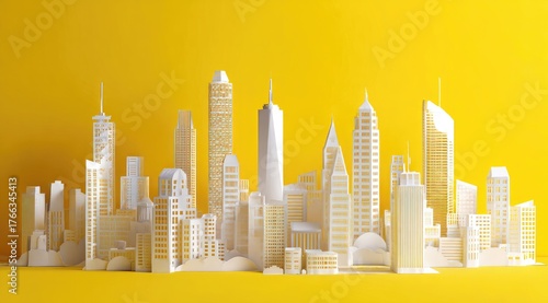 A cityscape model, white buildings on a yellow background