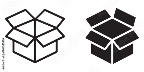 Open cardboard box icons outline and filled shipping packaging