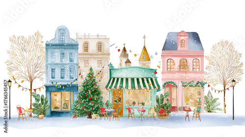 Charming winter street scene with colorful buildings, a Christmas tree, festive decorations, and snow-covered ground