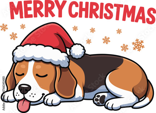 Adorable sleeping beagle dog wearing santa hat with merry christmas text and snowflakes festive holiday pet art for christmas season celebration